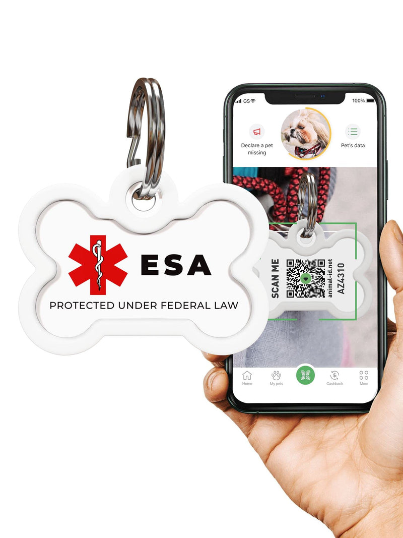 ROVERTAGS QR Code Pet Tag Service Dog ID - ESA - Emotional Support Service Dog Name Tags (ESA Bone)