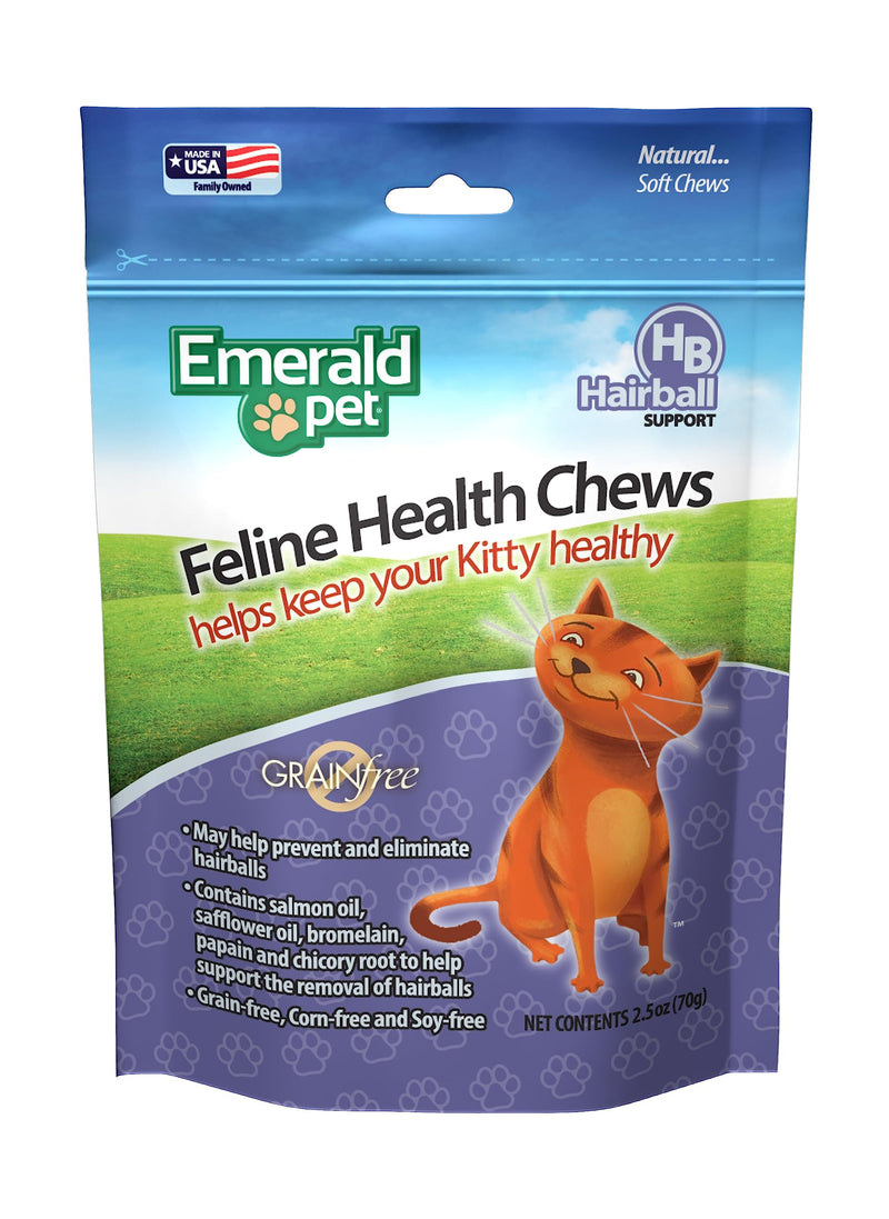 Emerald Pet Feline Health Chews Hairball Support — Natural Grain Free Feline Hairball Control Chews — Hairball Control Cat Supplements for Hairball Prevention and Elimination — Made in USA 2.5 oz